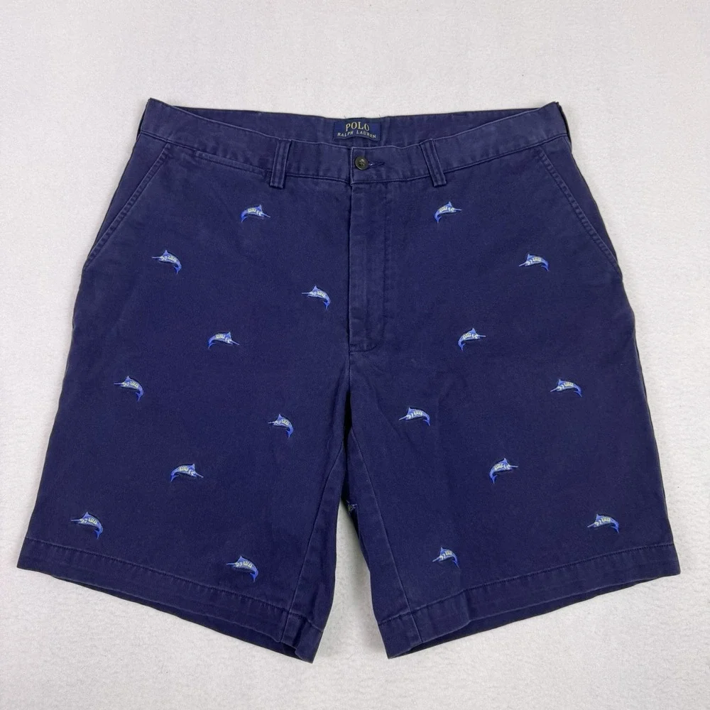 Polo Ralph Lauren Mens Size 35 Navy‎ Blue Marlin Fish Embroidered Chino Shorts